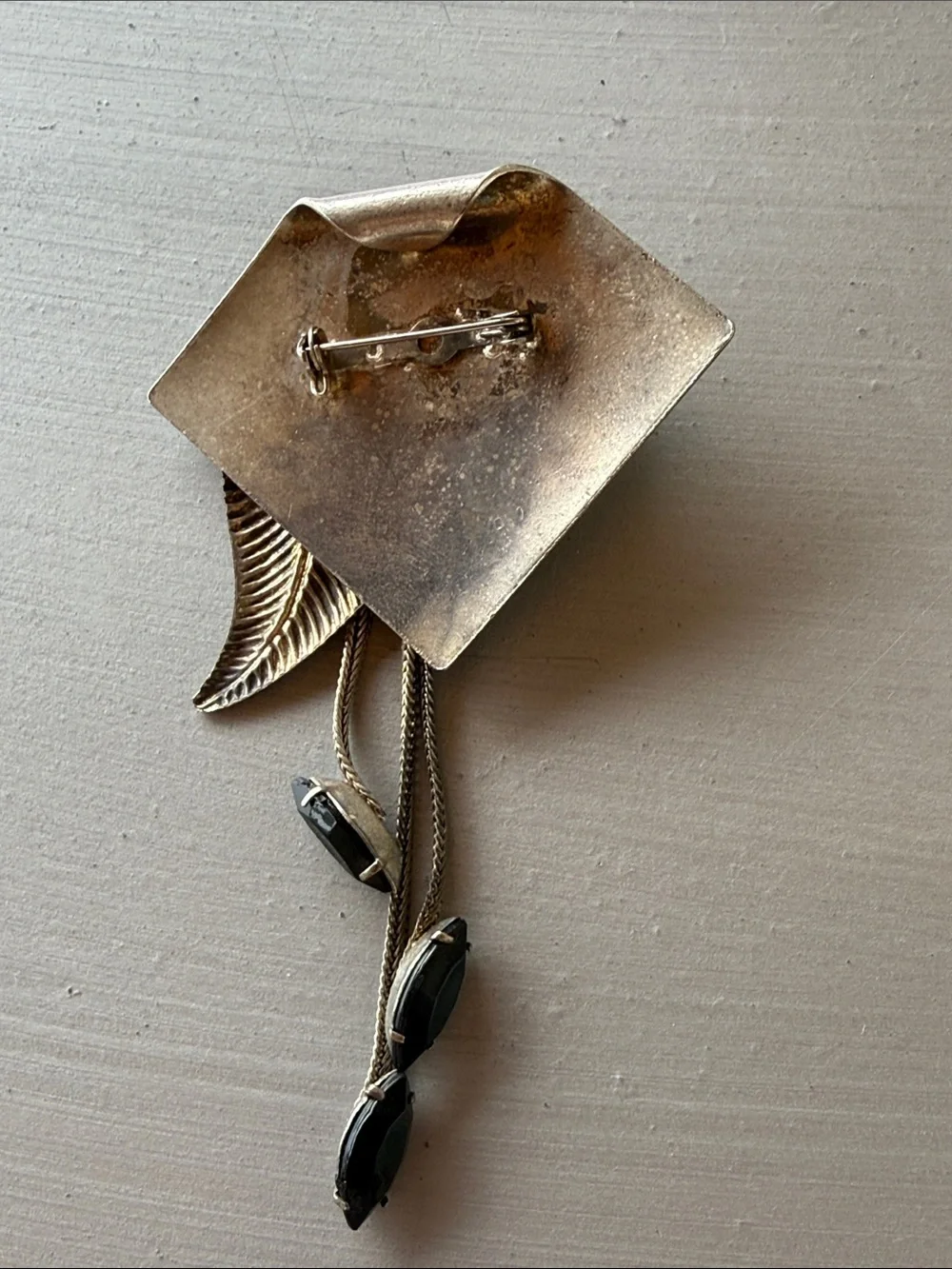 Vintage Statement Brooch — Feather & Fringe, Onyx-Look Stones, Italy Flea Market